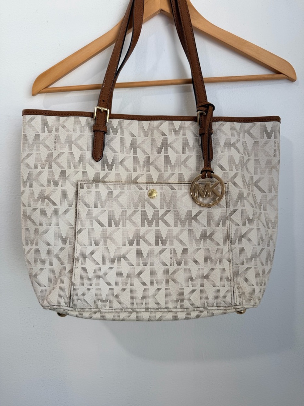 Michael Kors Cream and Brown Logo Tote with Gold Charm